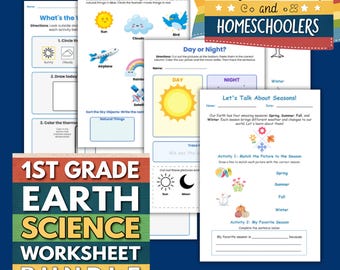1st Grade Earth Science Worksheets PDF | Homeschool Science Activities | Weather, Seasons, Land forms | Digital Download for Kids