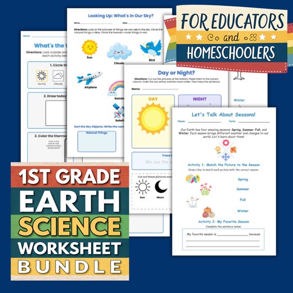 1st Grade Earth Science Worksheets PDF | Homeschool Science Activities | Weather, Seasons, Land forms | Digital Download for Kids