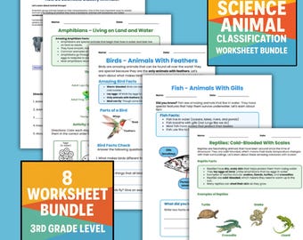 3rd Grade Animal Classification Worksheets PDF | Vertebrates & Invertebrates | Mammals Reptiles Fish Birds | 8 Homeschool Science Pages