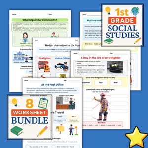May include: A bundle of eight worksheets for 1st grade social studies. The worksheets cover community helpers, the post office, and a firefighter's day. The bundle includes a star graphic and a pencil.