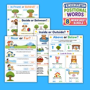 Puede incluir: Un paquete de ocho hojas de trabajo educativas tituladas Kindergarten Positional Words, que incluyen ilustraciones coloridas y ejercicios sobre conceptos como delante, detrás, al lado, entre, dentro, fuera, cerca, lejos, arriba y abajo.