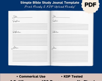 Bible Study Journal, Commercial Use KDP Ready Interior for Low Content Books, Print Ready PDF File Format