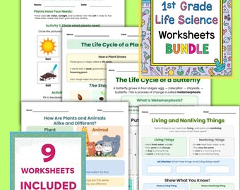 1st Grade Life Science Worksheets Bundle (9 Pages) | Plants & Animals Needs, Life Cycles, Living vs Nonliving | Printable Science PDF