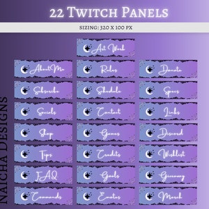 Puede incluir: Un conjunto de 22 paneles de Twitch morados y azules con un diseño de luna creciente y estrellas. Los paneles presentan texto como "Art Work", "About Me", "Rules", "Donate", "Subscribe", "Schedule", "Specs", "Socials", "Contact", "Links", "Shop", "Games", "Discord", "Tips", "Credits", "Wishlist", "FAQ", "Goals", "Giveaway", "Commands", "Emotes" y "Merch".