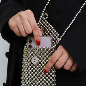 Phone Bag Crossbody | Beads Iphone Pouch | Iphone  Beads  Pouch | Smartphone Pouch | Gray shoulder Beads Bag | Mobile Phone Case Wallet