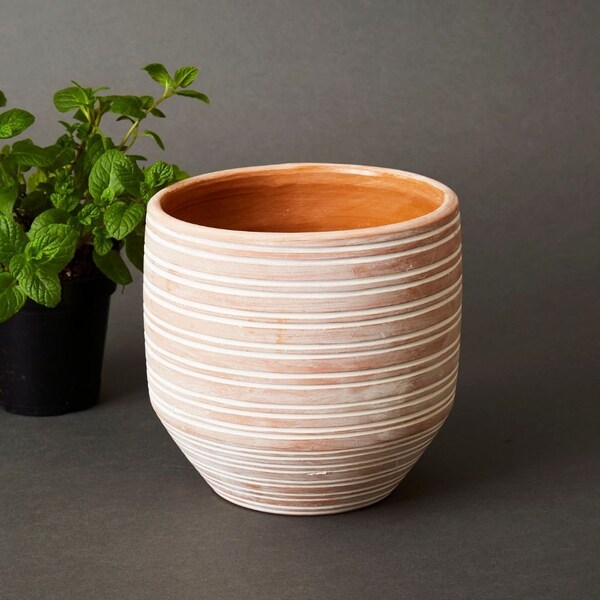 Bangladesh Medium Rustic Striped Terracotta Pot