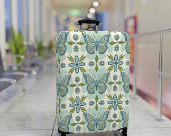 Boho Luggage Cover, Personalized Bohemian Green Butterfly Luggage Protector, Aesthetic Travel, Cruise, Honeymoon or Birthday Gift Idea
