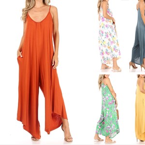 Women Jumpsuit Casual Loose Sleeveless with Pockets | V Neck Spaghetti Strap Long Pant Romper Jumpsuit Ribbed Wide solid color