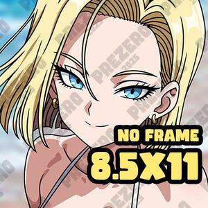 May include: Anime-style illustration of a woman with blonde hair and blue eyes. The image includes the text "NO FRAME" and "8.5X11" in a yellow box. The artwork has a clean, digital aesthetic.