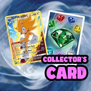 May include: A Super Sonic trading card featuring a yellow character with a golden aura, alongside a second card displaying a large green gemstone surrounded by smaller red, blue, yellow, light blue, purple, and white gems, with the text COLLECTOR'S CARD.
