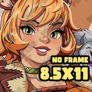 May include: A cartoon illustration of a woman with orange hair wearing a brown jacket with fur trim and a green and brown necklace. The text "NO FRAME 8.5X11" is in yellow on a red background.