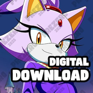 Puede incluir: Gráfico de descarga digital que presenta un personaje de dibujos animados con pelaje morado, ojos amarillos y una gema roja. El personaje está sobre un fondo azul oscuro. Las palabras "DESCARGA DIGITAL" están en texto blanco en negrita.