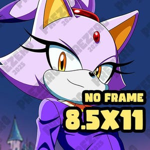 Puede incluir: Ilustración digital de un personaje morado con aspecto de gato, con ojos amarillos y una gema roja en la frente. La imagen incluye el texto "NO FRAME" y "8.5X11". El personaje está sobre un fondo azul oscuro.