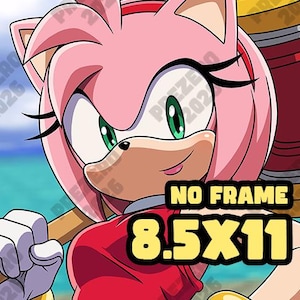 May include: A digital illustration of a character with pink fur, green eyes, and a red dress. The image includes the text "NO FRAME" and "8.5X11". The character is holding a large hammer.