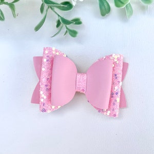 Spring hair bow - girls hair bow - faux leather bow - pink glitter - pink glitter hair bow - pink - glitter bow