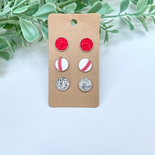 Baseball earrings - lightweight earrings - stud earrings - red lace - silver - glitter earrings - baseball laces