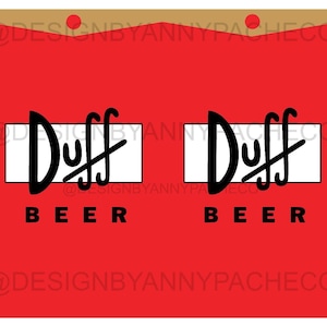 May include: Two white rectangular labels with black text on a red background. The labels say "Duff Beer" with a stylised Duff logo. The text "@designbyannypacheco" appears at the top and bottom of the image.