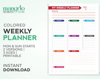 Colored Undated Weekly Planner, To Do List, Weekly Schedule, Weekly Agenda, Week At A Glance, Productivity Planner, Undated Weekly Planner