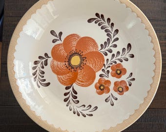 Vintage 70's Floral Bowl 12" Orange Brown
