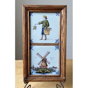 ROYAL TICHELAAR MAKKUM Wood Framed Ceramic Farmer & Windmill Tiles - Holland