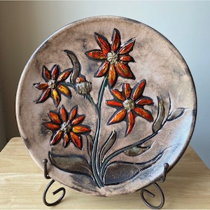 Vintage RUSCHA KERAMIK 11&quot; Orange Daisy Fat Lava Plate - West Germany - VGUC