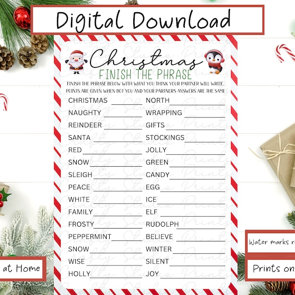 Christmas Finish The Phrase Party Game, Fun Christmas Party Game, Printable Christmas Family Game, Holiday Party Printable, Instant Download