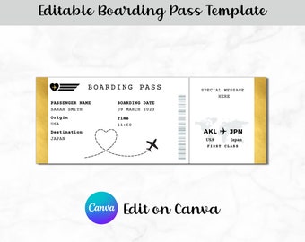 EDITABLE Boarding Pass, Boarding Pass Gift, Surprise Boarding Ticket, Flight Gift, Airline Trip, Printable Airline Ticket, Travel Theme Gift