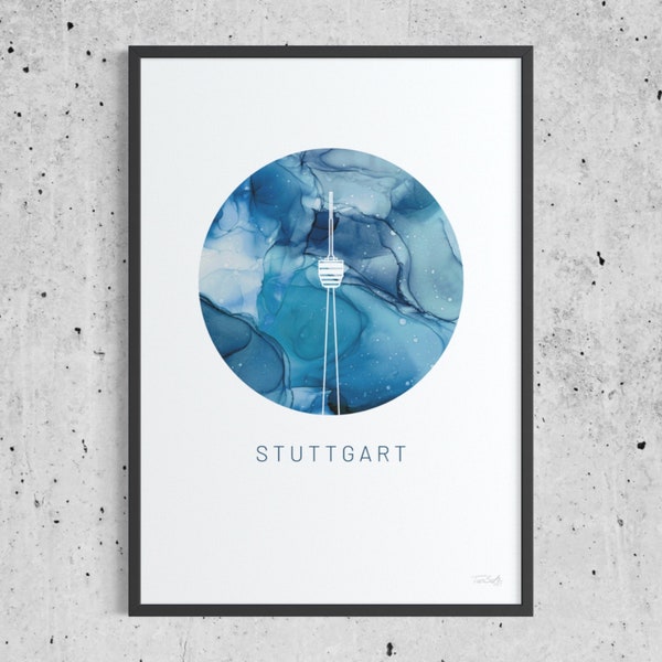 Stuttgart Fernsehturm Poster | Geschenk für die neue Wohnung | Kunstdruck modern, marmoriert, gestaltet mit Alkoholtinte