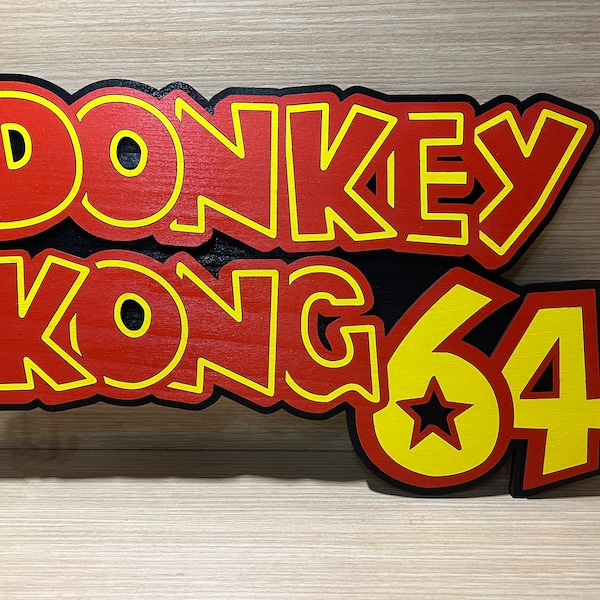 Display Sign Logo Donkey kong 64 in Wood - Display hang wall Man Cave Cartel Madera Wood Game cube Prime Nintendo 64 Nes N64