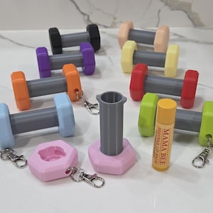 Dumbbell Key Chain Lip Balm Holder, ChapStick Backpack Key Ring, Gym Bag Sports Container, Cute Fitness Workout Gift, Custom Unique Creative