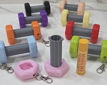 Dumbbell Key Chain Lip Balm Holder, ChapStick Backpack Key Ring, Gym Bag Sports Container, Cute Fitness Workout Gift, Custom Unique Creative