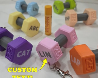 Dumbbell Keychain Chapstick Holder, Customizable Text, Backpack Key Ring, Gym Bag Sports Container, Fitness Workout Gift, Lip Balm Holder