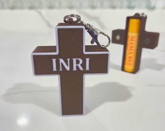 Holy Cross Keychain INRI, Christian Key ring Chapstick holder, Catholic Lip Balm Backpack Holder, Religious Lipstick Container Gift Idea