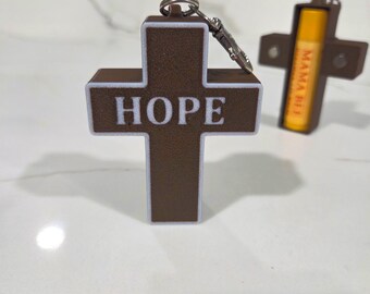 Cross Keychain with Hope, Christian Key ring Chapstick holder, Catholic Lip Balm Backpack Holder, Religious Lipstick Container Gift Idea