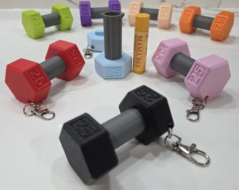 25 lb Dumbbell Key Chain Lip Balm Holder, Chap Stick Backpack Key Ring, Gym Bag Sports Container, Fitness Workout Gift, Unique Free Shipping