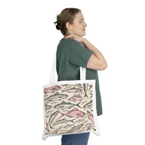 Nautical Fish Seaside Tote Bag, Beach Ocean Coastal Shoulder Bag, Summer Vacation Travel Purse, Marine Life Market Tote, Fisherman Gift
