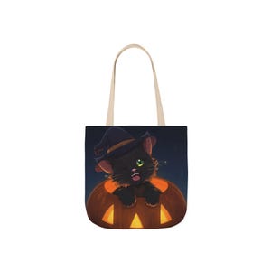 Canvas Tote Bag, Halloween Jack O Lantern with Black Cat in Witch Hat, Trick or Treat Bag, Halloween Pumpkin Tote, Fall Cat Lover Gift,