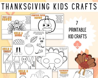 Puede incluir: Una colección de siete manualidades imprimibles con temática de Acción de Gracias para niños. Las manualidades incluyen plantillas para una corona de papel de pavo, una corona de papel de calabaza, una bellota, un pavo, maíz y un pavo de pinza. El texto "Thanksgiving Kids Crafts" es visible.