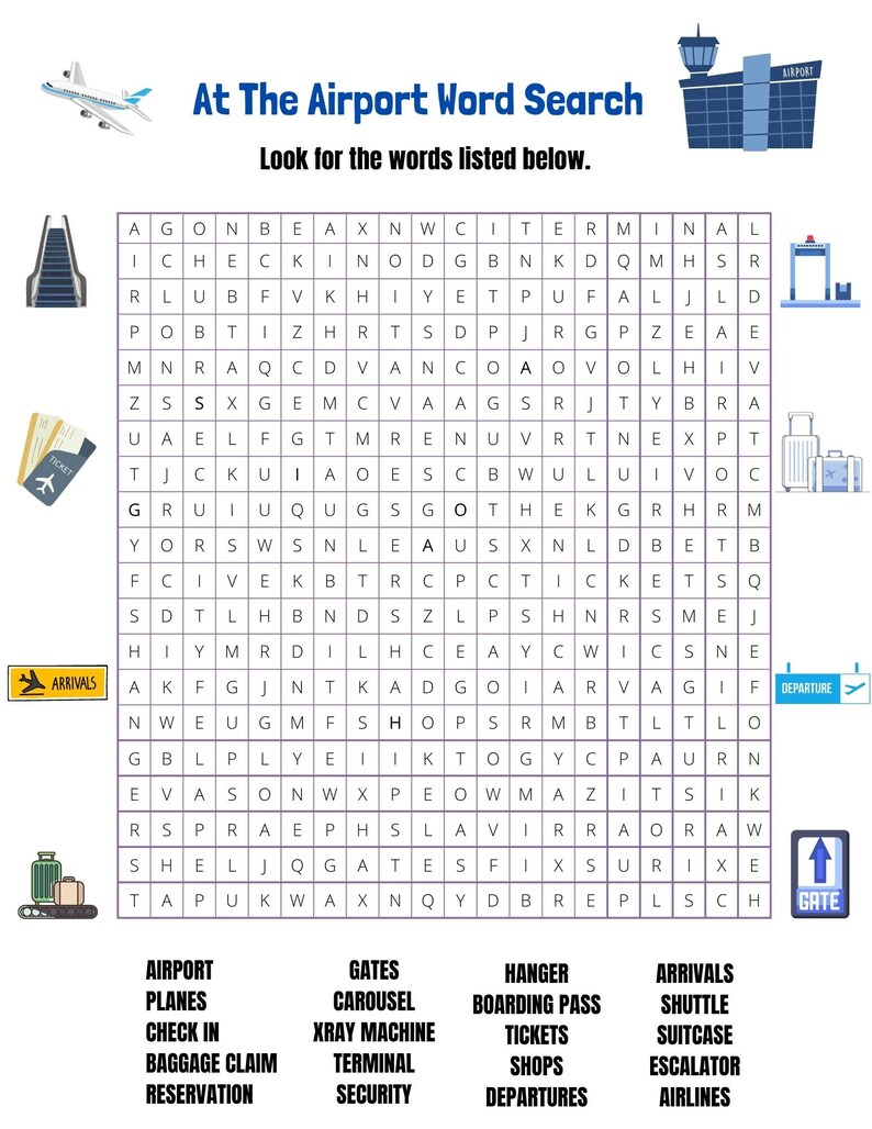 Airport Activity, Word Search Puzzle, Fun Kids Activity, Word Search ...