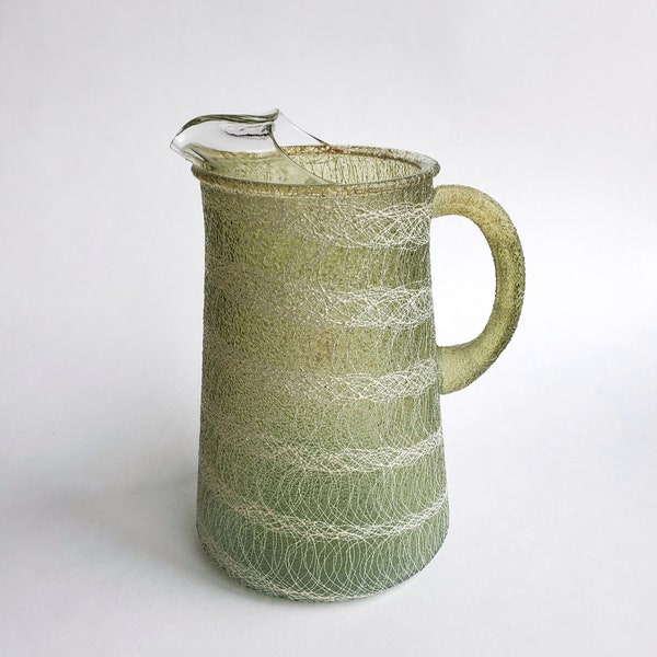 Green Spaghetti Pitcher By Color Craft, Mid Century Glassware, Lemonade Or Ice Tea Jug, Vintage Kitchen