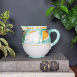 Solimene Vietri Campagna Ceramic Pitcher With Bunnies And Carrots, Made In Italy