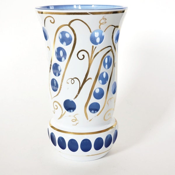 Borske Sklo Bohemian White On Blue Overlay Vase With Gold, 8.5 Inches Tall