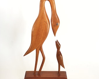 16.5 Inch Tall Wooden Crane Or Heron Mom And Baby Figurine, MCM Home Décor