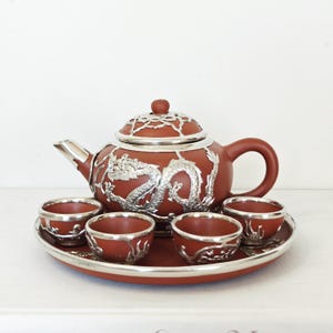 Chinese Yantai Tin Overlaid Tea Set, Ceramic Teapot with 4 Cups And a Tray with Dragons