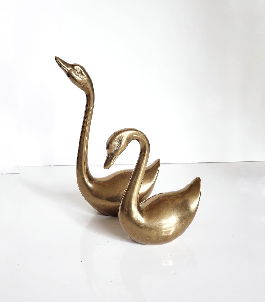 Pair of Solid Brass Swans, 9 Inches Tall, Made in Korea, Swan Décor