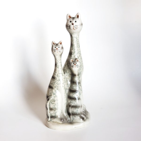 Porcelain Cat Family, 3 Cats Ceramic Figurine, Hand Painted Porcelain Figurine, 10.5 Inches Tall