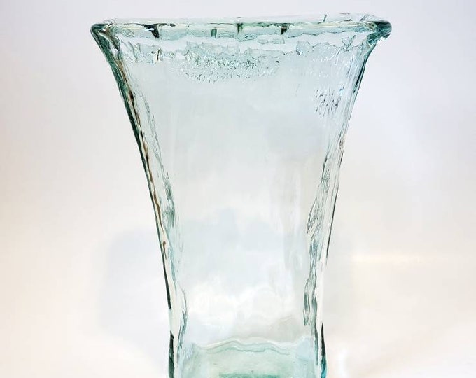 San Miguel Recycled Glass Green Vase, Rectangular Glass Vase, Textured Glass Vase, Corrugated