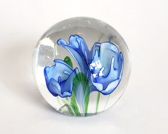 Vintage Paperweight Orb With Blue Flower, Art Glass Ball Paperweight