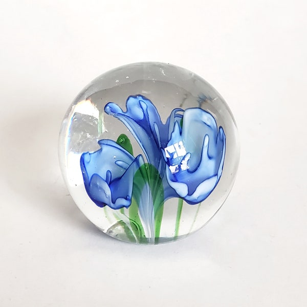 Vintage Paperweight Orb With Blue Flower, Art Glass Ball Paperweight