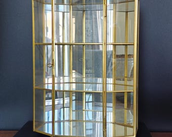 Vintage Mirrored Curio Cabinet, Brass And Glass Miniature Display Case, Small Brass Shelves